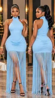 Classy Sky Blue Halter-Neck Ruched Fringe Maxi Dress - 2