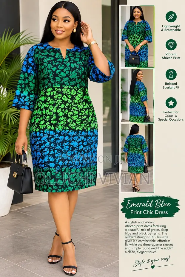 African Print Mini Dress - Green & Blue - 1