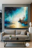 Canvas Landscape Art - Teal Blue & Gold Abstract - 1