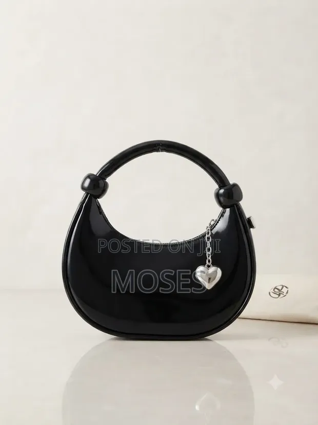 Trendy Patent Half-Moon Handbag with Heart Charm - 1