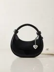 Trendy Patent Half-Moon Handbag with Heart Charm - 1