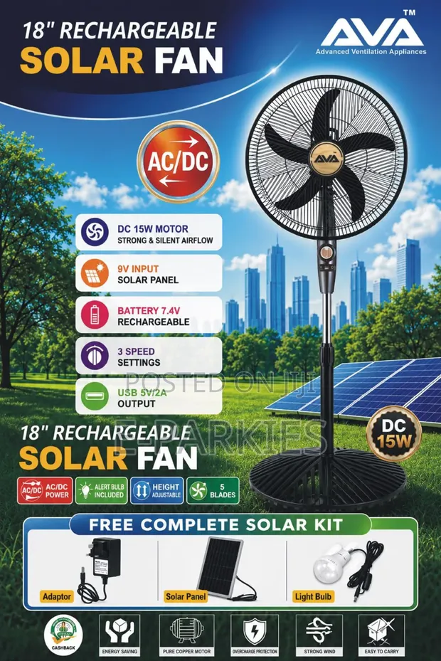Ava 18" Solar Rechargeable Fan with Solar Panel - 1
