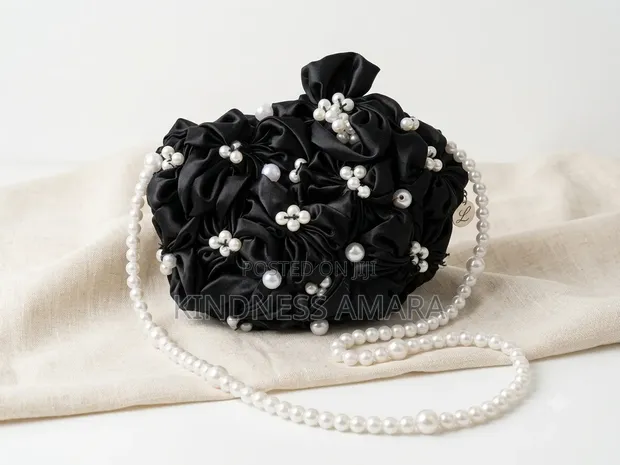 Handmade Black Satin Flower Evening Bag with Pearl Strap - 1