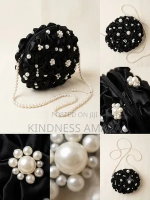 Handmade Black Satin Flower Evening Bag with Pearl Strap
