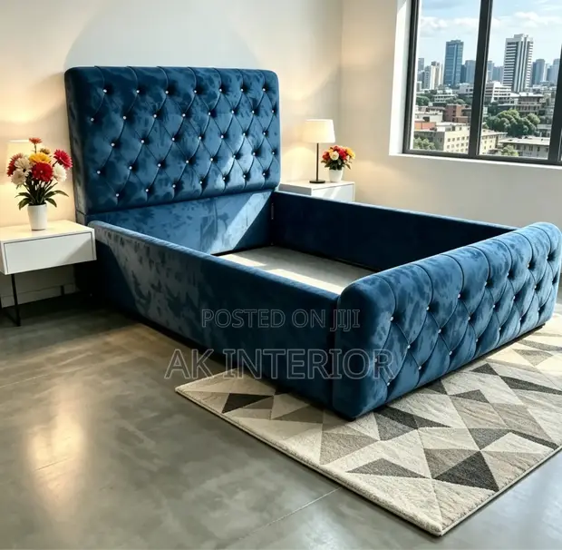 4.5x6 Blue Upholstered Bed Frame - 1