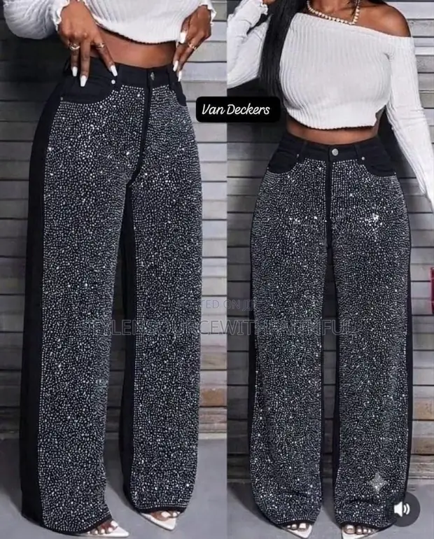 Women's High Waist Beaded Wide-Leg Jeans - 1