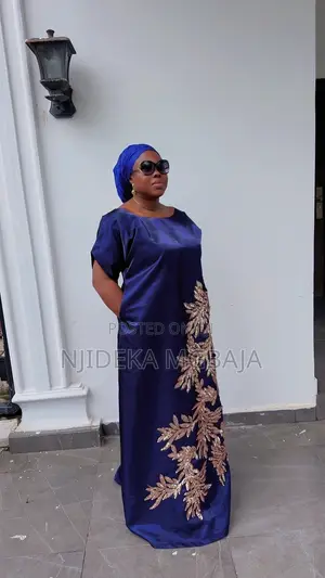 Navy Blue Maxi Gown with Gold Lace Patch