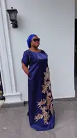 Navy Blue Maxi Gown with Gold Lace Patch - 1