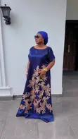 Navy Blue Maxi Gown with Gold Lace Patch - 2