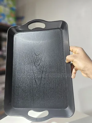 Durable Black Serving Tray with Wood-Grain Handles