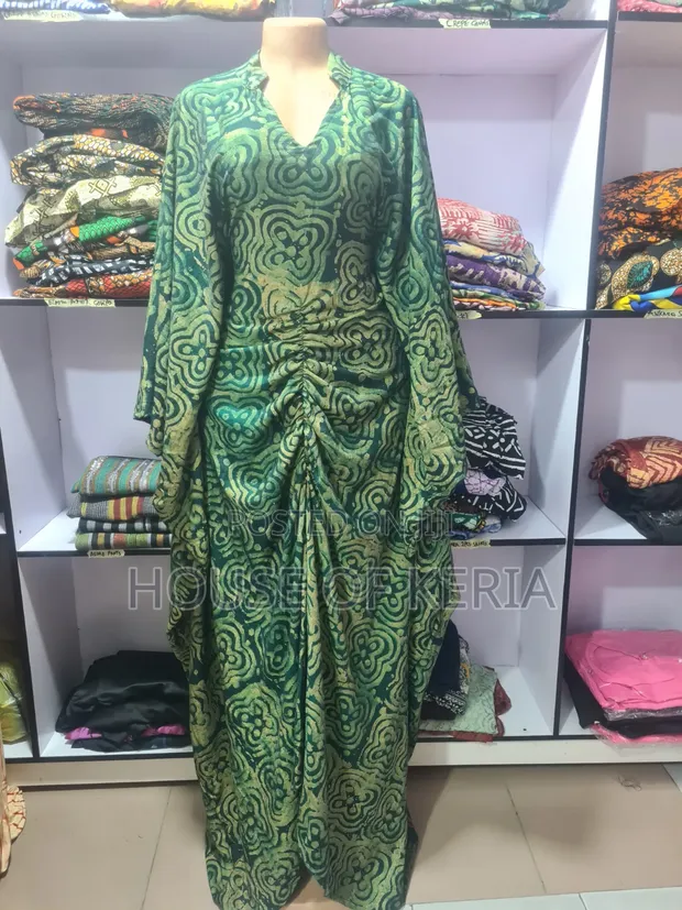 Adire Crepe Bubu Gown - V-Neck, Mandarin Collar - 1
