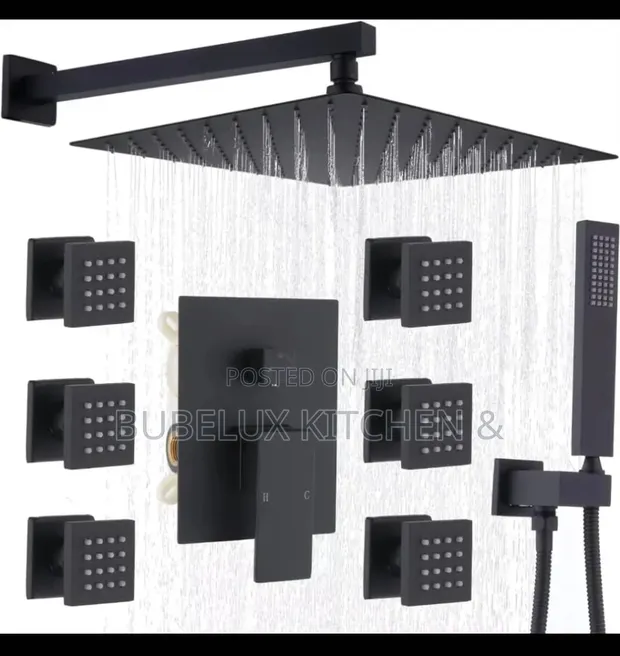 Luxury Matte Black Thermostatic Shower System with 6 Body Massage Jets - 1