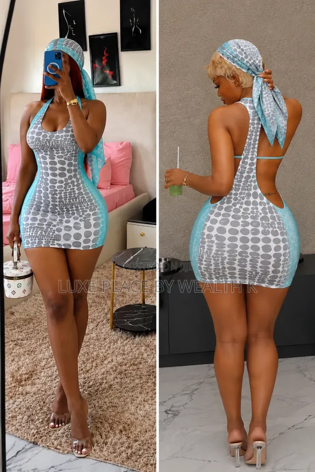 Kyawawan Grey & Turquoise Mini Dress tare da Headscarf - 1