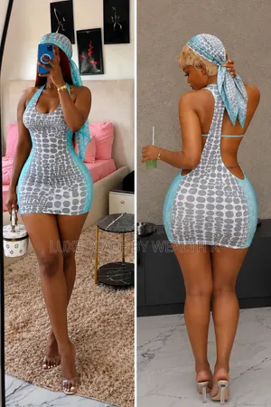 Kyawawan Grey & Turquoise Mini Dress tare da Headscarf