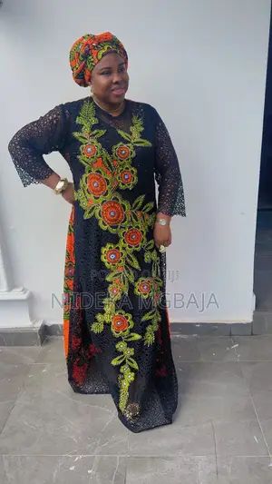 Premium Black Lace Maxi Gown with Ankara Floral Embroidery & Headwrap