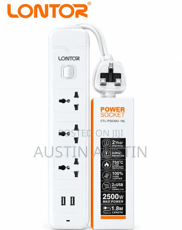 Lontor Power Socket Extension Box with 2 USB Outlets - 1