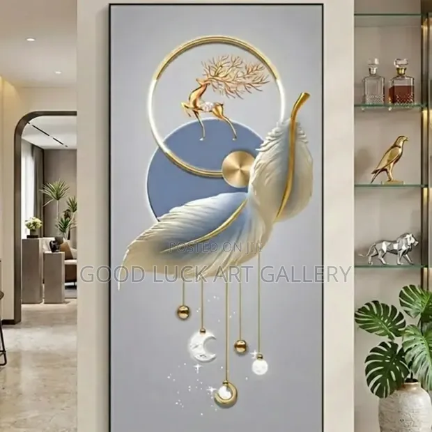 Modern Feather Wall Art with Gold Deer & Moon - 1