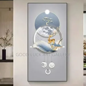Modern Feather Wall Art with Gold Deer & Moon