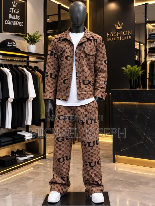 Men's 2-Piece Casual Set - Patterned Jacket & Trousers - 1