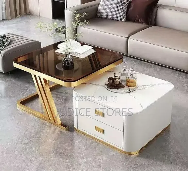 Marble and Glass Twin Center Table with Double Drawers - White/Gold - 1