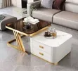 Marble and Glass Twin Center Table with Double Drawers - White/Gold - 2