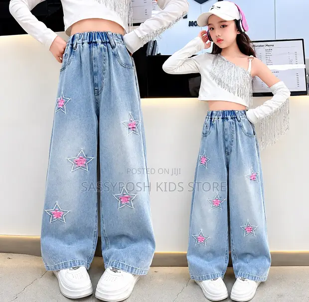 Blue Girl Star Pattern Denim Trouser Pants - 1