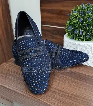Genio Men's Blue Suede Slip-On Shoes with Stone Detail