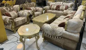 Luxury Royal Velvet Sofa Set with Gold Accent Frames & Tables