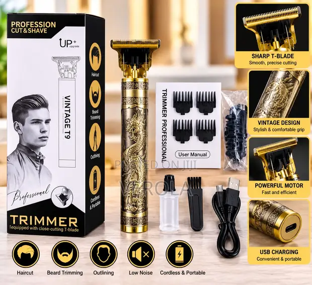 Vintage T9 Rechargeable Hair Clipper Beard Trimmer - Gold - 1