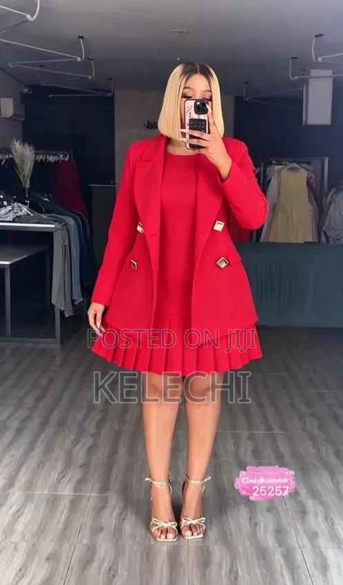 Chic 2-Piece Pink Blazer & Pleated Dress Set - 1
