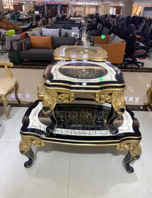 Luxury Royal Gold Black Carved Glass-Top Coffee Table Set - 1