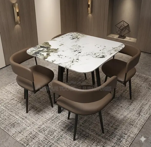 White Marble Top Dining Set with 4 Brown Chairs - 1