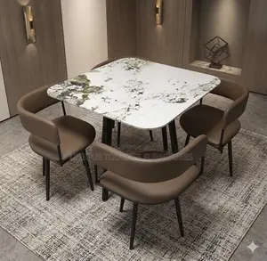 White Marble Top Dining Set with 4 Brown Chairs