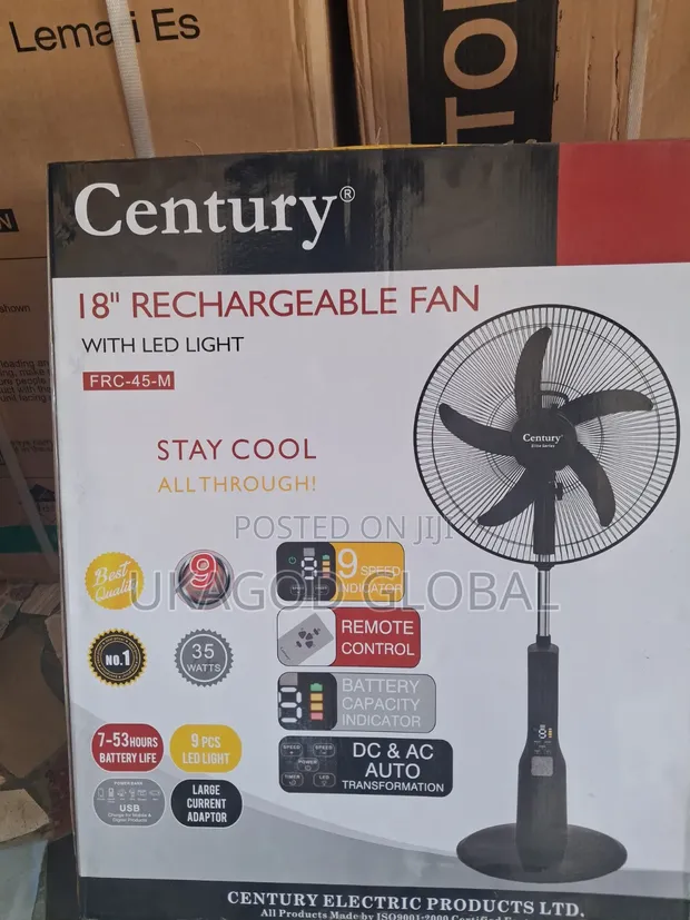 Century 18-Inch Rechargeable Fan with LED Light - 1