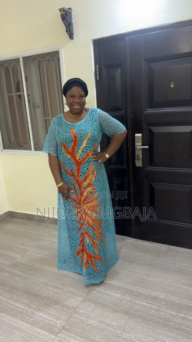 RTWbyJide Sky-Blue Lace Maxi Dress with Orange Embroidery - 1