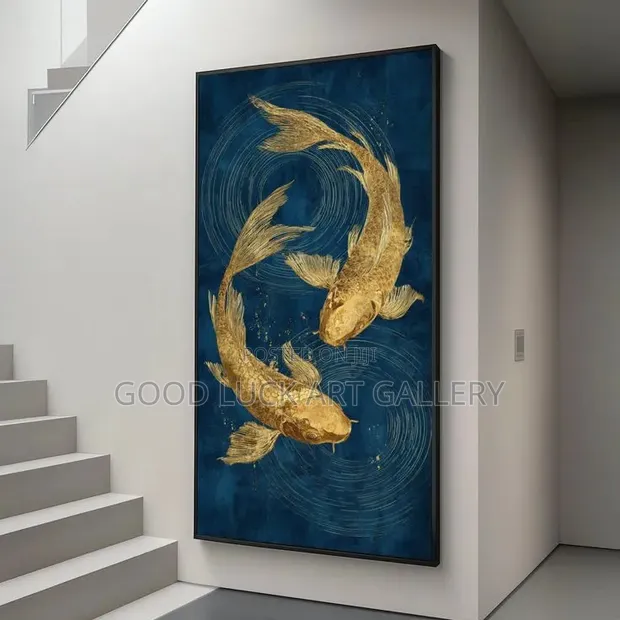 Modern Classic Framed Canvas Wall Art - Gold Koi Fish - 1