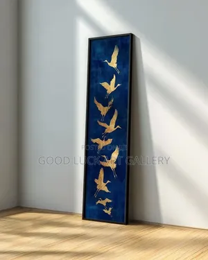 Japanese Crane Wall Art - Golden Cranes on Dark Blue