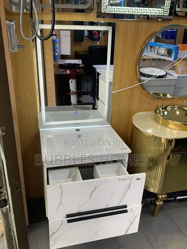 HDF Marble Color Cabinet Wash Hand Basin with LED Mirror - 1