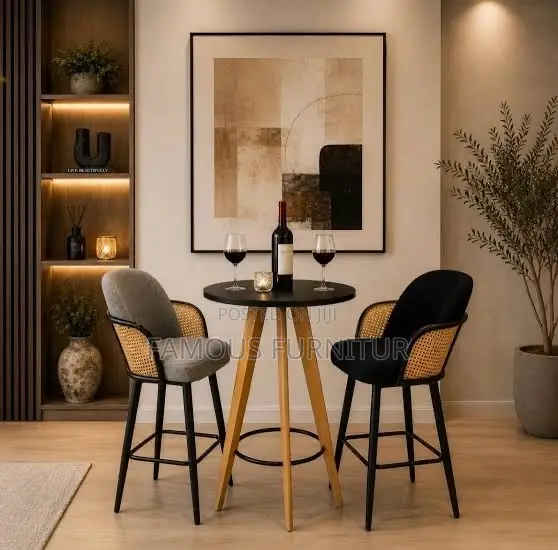 Modern Pub Set: Round Black Table & 2 Woven Rattan Stools - 1