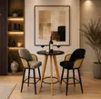 Modern Pub Set: Round Black Table & 2 Woven Rattan Stools - 1