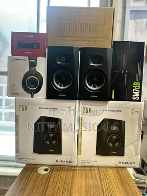 Focusrite Scarlett 2i2, T5V Monitors, SM7DB Mic, M50X Headphones, MIDI Keyboard