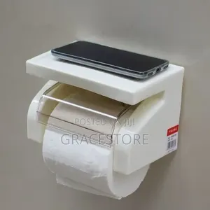 White Plastic Toilet Roll Holder with Phone Stand