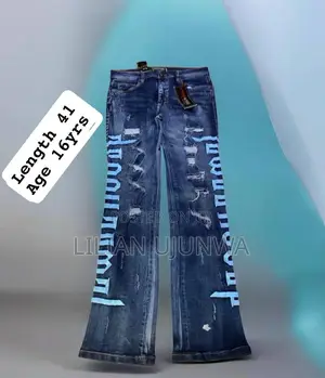Boys Blue Hood Ripped Stacked Jeans Shekaru 15/16