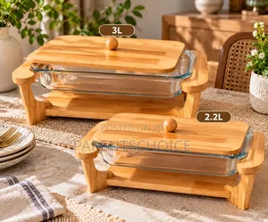 Premium Rectangular Wooden & Glass Serving Dish (3L/2.2L)
