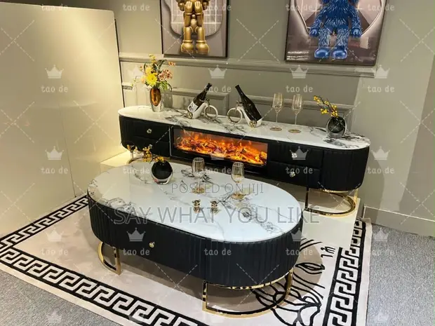 Luxury Fireplace TV Console - Marble & Gold - 1