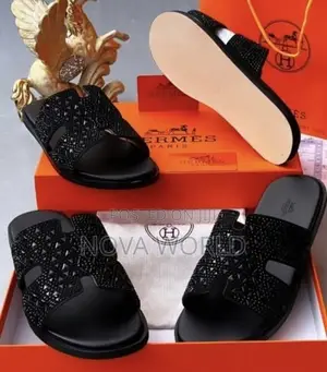 Hermes Men's Luxury Black Leather Slides - Size 40-44