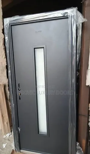 3ft Babban Ƙofar Tsaro na Karfe mai Launi na Charcoal Gray da Gilashin Dushe
