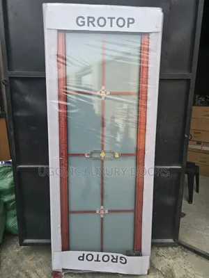 Luxury Frosted Glass Bathroom Door - Reddish-Brown Frame