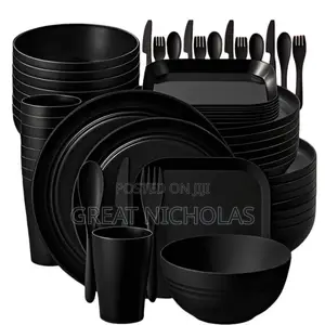 Brand New AbsorbaStone Black Plastic Dishes, Cups & Cutlery Set