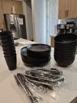 Brand New AbsorbaStone Black Plastic Dishes, Cups & Cutlery Set - 2